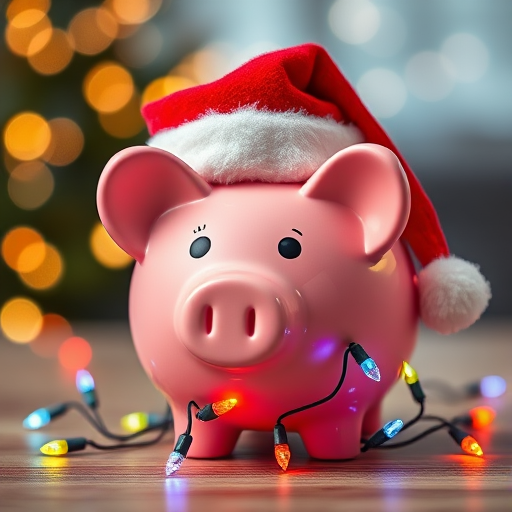 Generate a festive image featuring a pink piggy bank wearing a Santa hat. The piggy bank should be adorned with colorful Christmas lights and set against a soft, blurred background with twinkling holiday lights. The overall mood should be cheerful and whimsical, capturing the spirit of the holiday season.