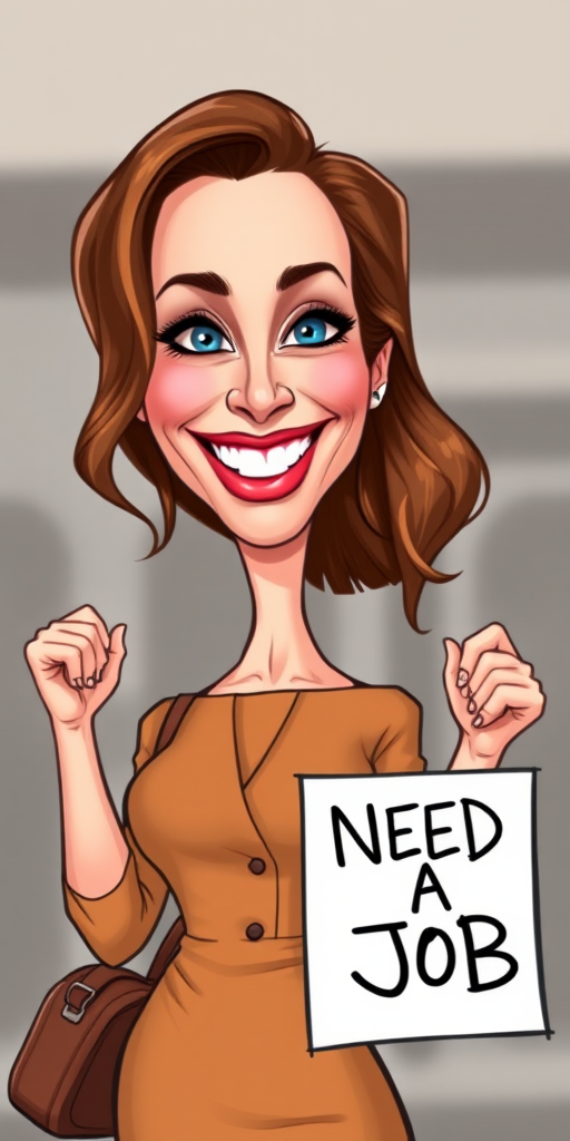 caricature of a smiling Julianne Moore in a Tan dress or suit, holding up a sign that says "NEED A JOB", no watermark,