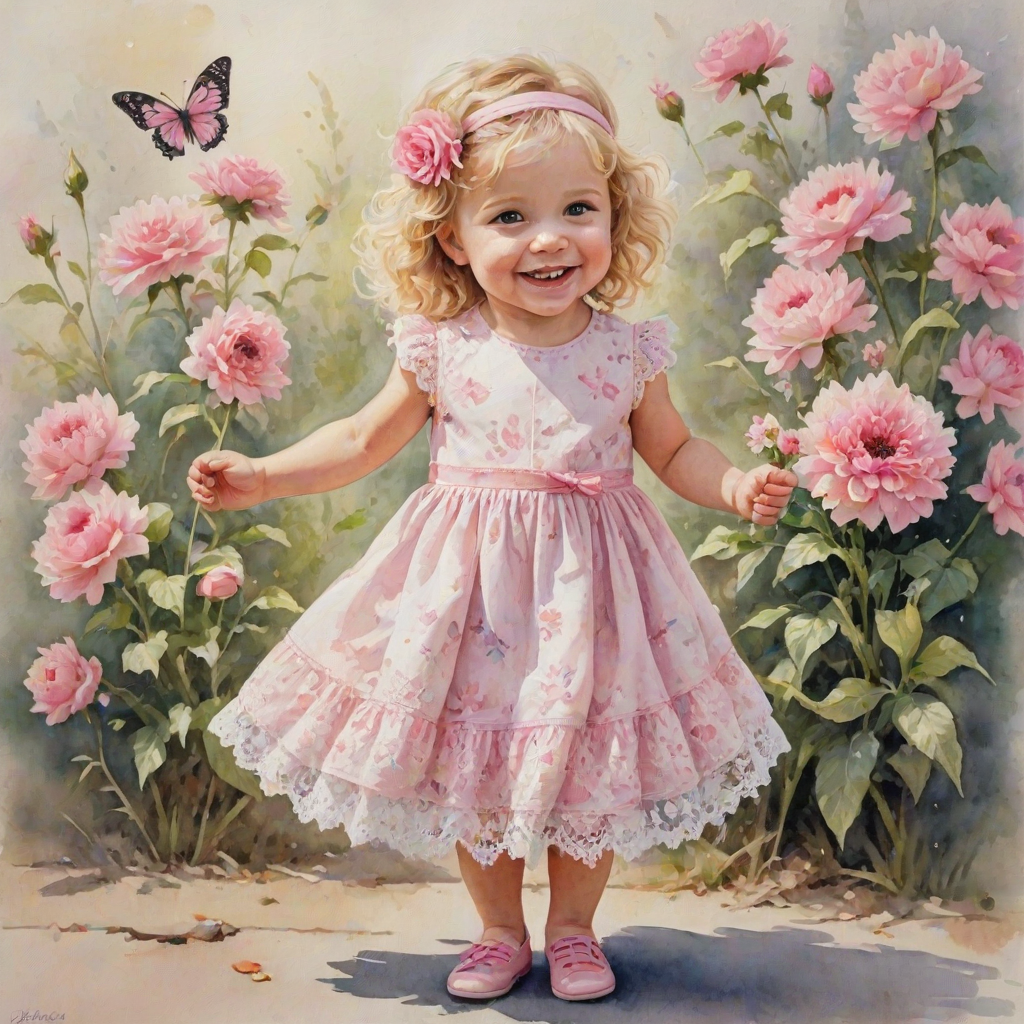 hyperrealism happy smiling toddler girl with messy wavy blonde hair with a headband, she is wearing a pink and white lace dress with pink and white shoes, she is holding a pink bouquet of flowers. Pink flowers and butterflies. summer background. Watercolor Highly detailed