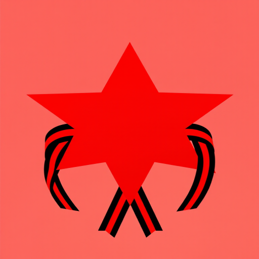 Generate an image of a red star encircled by a ribbon with alternating black and orange stripes, using a 50mm lens, f/1.8 aperture, ISO 100, with a top-down view, in high-resolution vector style on a digital camera.