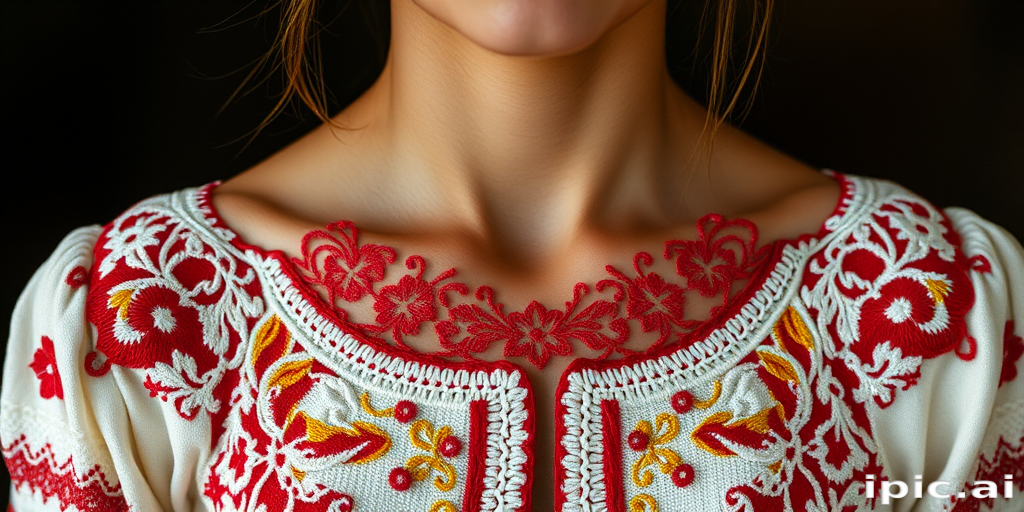 Face, shoulders, chest covered in openwork Ukrainian embroidery. Raw, unedited image.