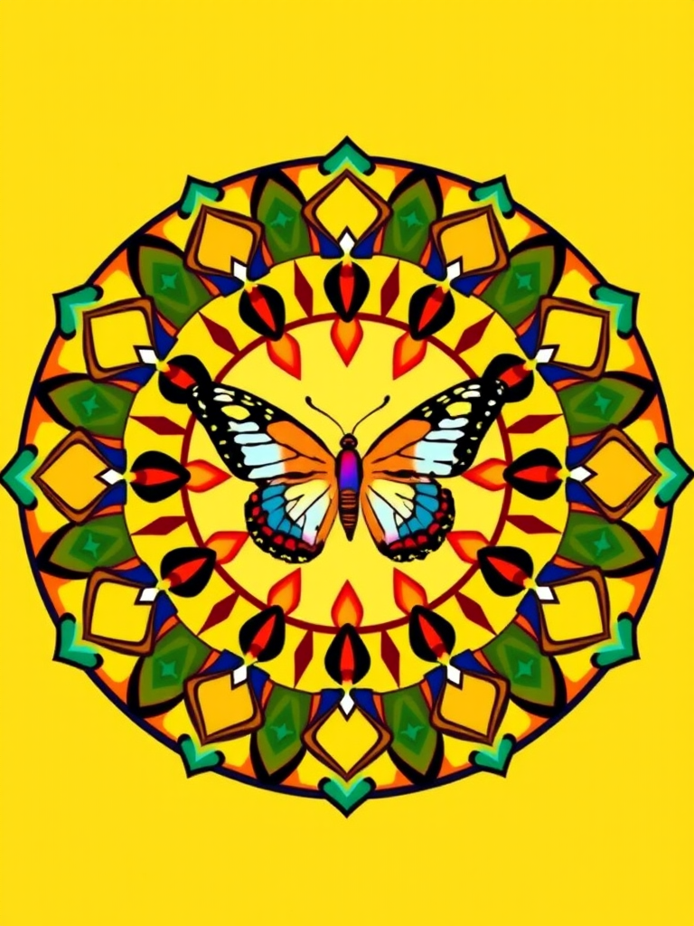 Create a vibrant, circular mandala design featuring a central figure of a butterfly integrated with geometric patterns and bold colors, using a DSLR camera with a 50mm lens, aperture set to f/1.8, 1/125 shutter speed, and ISO 100 for enhanced clarity and vividness.