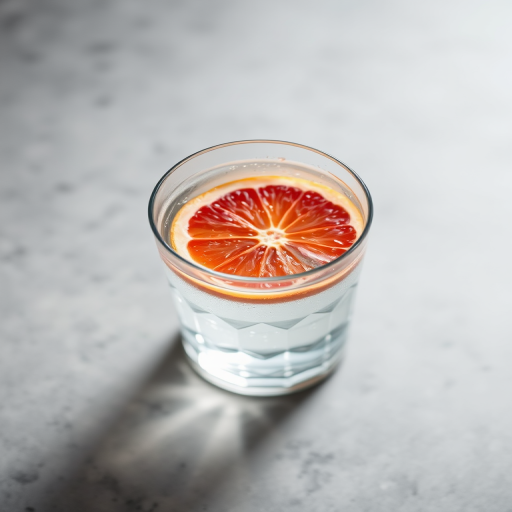 A clear glass of water with a slice of grapefruit on the rim, soft lighting for a refreshing look, shot from a slight overhead angle, using a 50mm lens at f/2.8 to create a shallow depth of field, ISO 100, and a shutter speed of 1/125 sec for crisp details and vibrant colors.