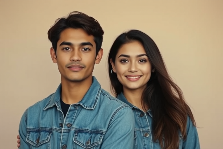 Portrait of a young couple in denim jackets against a soft, neutral background, captured with a Canon EOS R5, 50mm lens, aperture f/2.8, ISO 100, natural light, shallow depth of field for a dreamy effect.