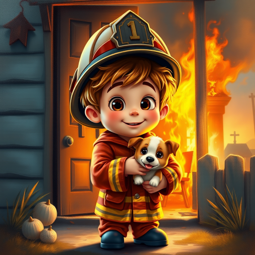 airbrushed oil painting, pixar style, cute little boy in fireman gear, helmet, tousled hair, expressive eyes, standing in the doorstep of a cottage burning behind him, holding a cute little dog in his arm, atumn sky