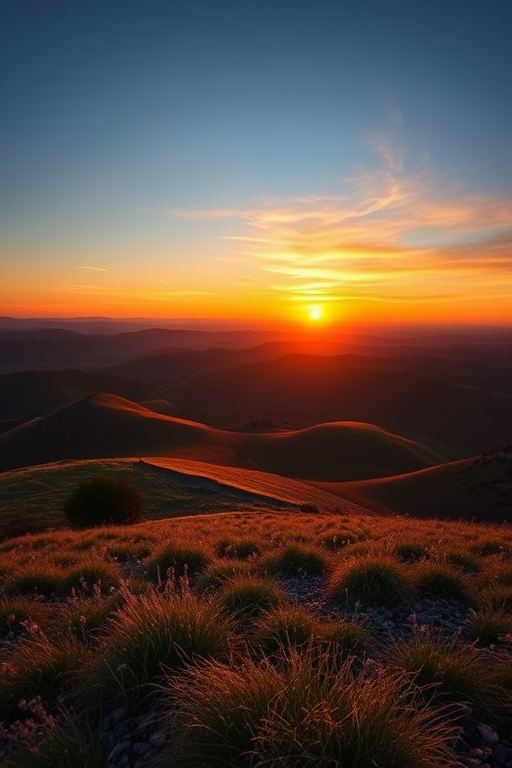 Generate a high-resolution image of a serene landscape featuring rolling hills and a vibrant sunset, captured with a Canon EOS R5 at f/8, ISO 100, 1/250 sec, wide-angle view, using a landscape photography style.