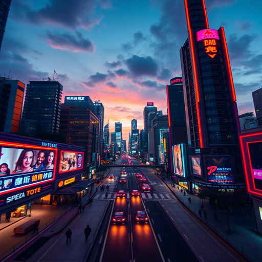 Create an image of a futuristic cityscape at dusk with vibrant neon lights, wide-angle view, aperture f/2.8, ISO 400, 24mm lens, shot on a DSLR camera.