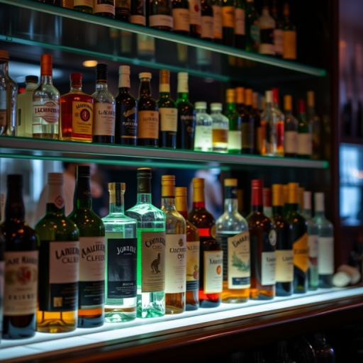 A well-lit bar shelf displaying various bottles of liquor, shot from a slight angle, using a 50mm lens, aperture f/2.8, ISO 200, proper white balance to enhance colors, soft focus background.