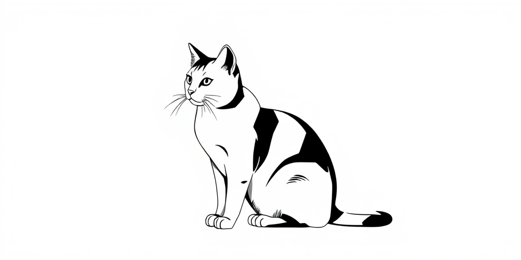 Create a high-contrast monochrome illustration of a sitting cat with smooth lines and a minimalist design, captured with a Canon EOS R5, 50mm f/1.2 lens, aperture set to f/2.8, ISO 100, 1/200s shutter speed, using a softbox lighting setup for even illumination.