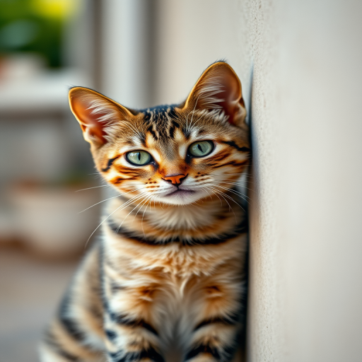 Create a high-resolution image of a tabby cat leaning against a wall with a curious expression, shot with a Canon EOS R5 at f/2.8, ISO 100, 85mm lens, in natural light, using a shallow depth of field to emphasize the cat while softly blurring the background.