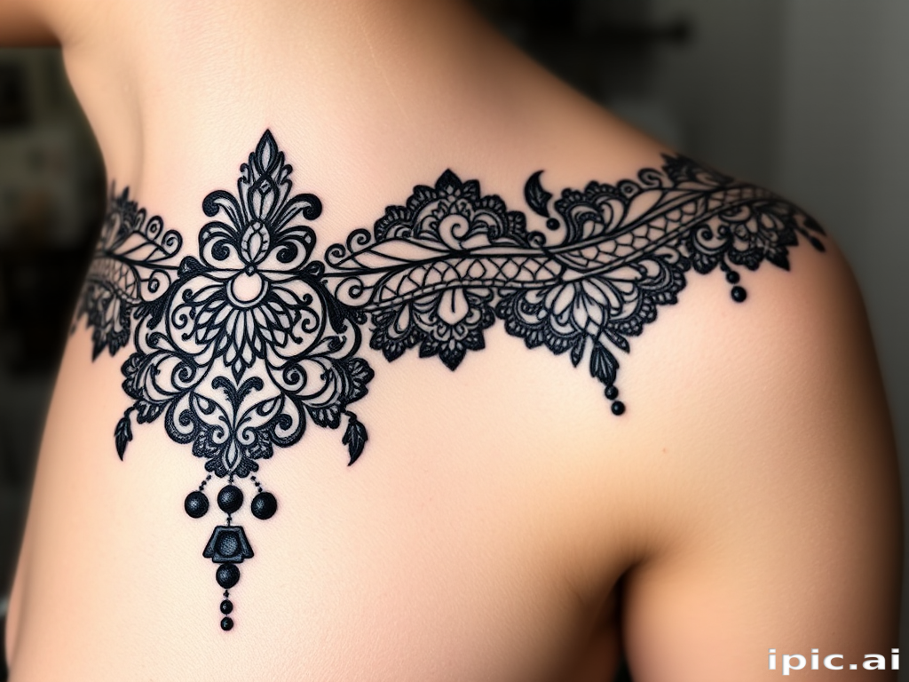 Ornamental blackwork tattoo named "Lace and Shadow" featuring intricate patterns inspired by henna designs and Victorian lace, with delicate linework and negative space creating a feminine and elegant aesthetic