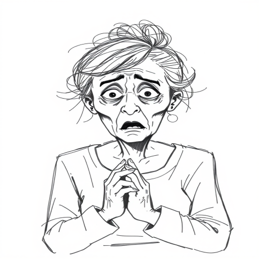 scribbly unfinished sketch, old lady with messy gray hair in a loose bun, surprised expression, mouth open, hands clasped together in front of her chest. Her eyes are wide, eyebrows are furrowed. vibe of shock or surprise.