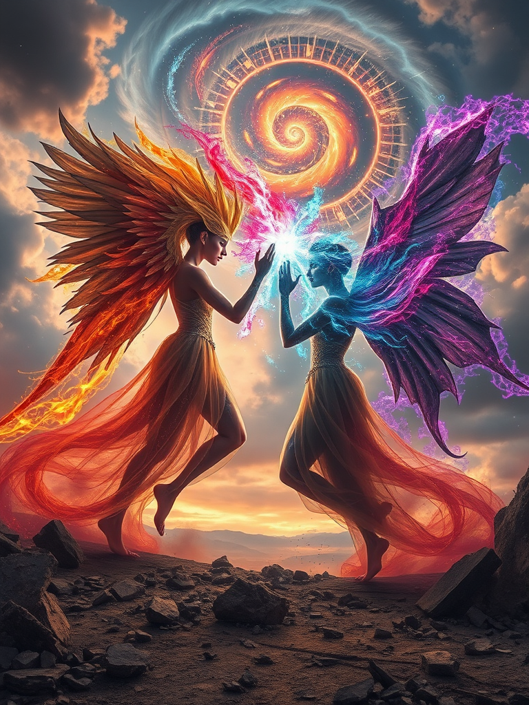 fantasy scene of two ethereal beings with colorful auras clashing energy in a ruined landscape, dramatic sky swirling with cosmic elements, high-resolution, 35mm lens, f/8 aperture, ISO 100, HDR photography, high dynamic range, wide-angle view