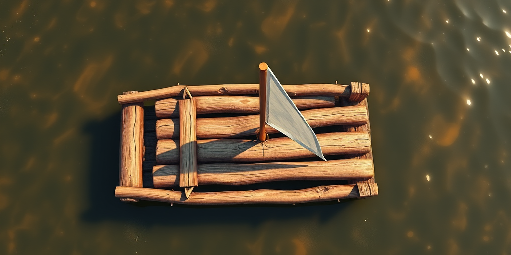 Create a high-resolution illustration of a simple raft made of wooden logs with a small triangular sail, captured from a top-down view using a DSLR camera with a 50mm lens at f/2.8, focusing on vibrant colors and clear details.