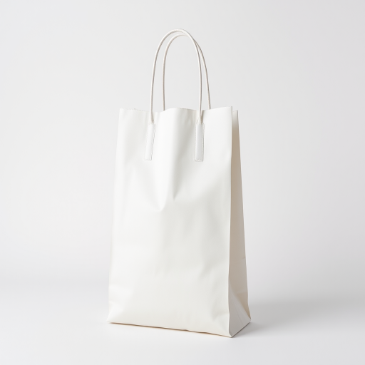 Create a high-resolution image of a plain white shopping bag on a neutral background, shot with a Canon EOS R5 at f/2.8, ISO 100, 1/250 sec, in a studio setting, using softbox lighting to enhance the bag's texture and shape.