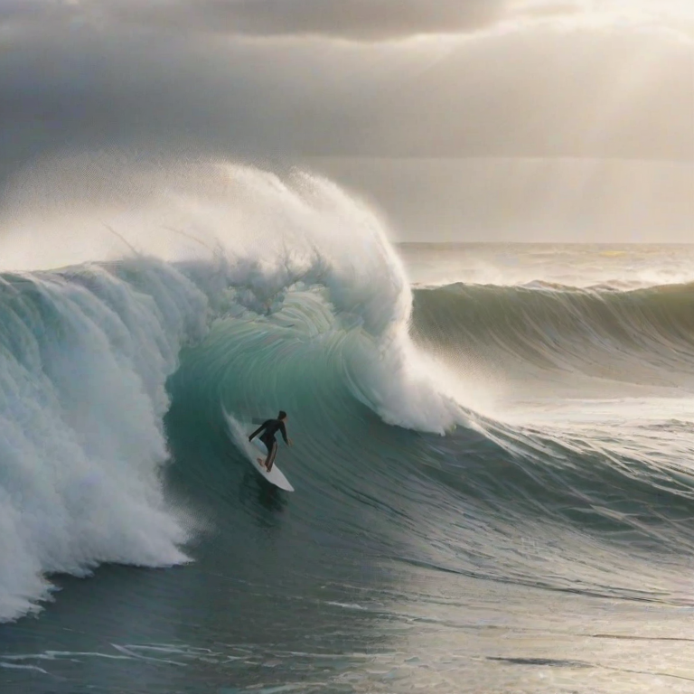 Blurry action shot of a surfer riding a massive wave, the ocean spray flying into the air, soft focus on the distant horizon, and the powerful energy of the sea.