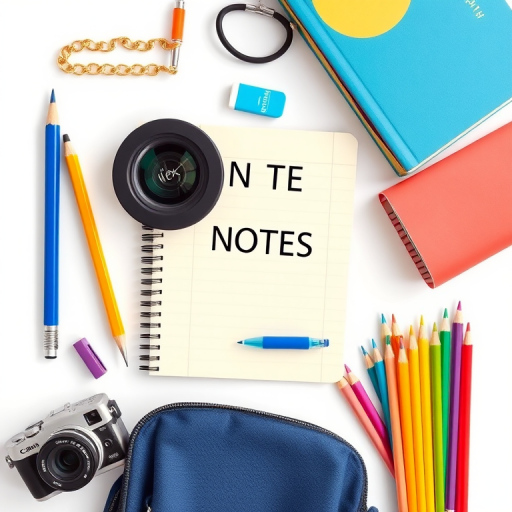 create a flat lay illustration of school supplies including a pencil, notebook labeled NOTES, an eraser, a blue pen, a backpack, a book labeled MATH, and a set of colorful stationery, use a Canon EOS R camera with a 50mm lens at f/4 aperture, ISO 200, natural lighting for enhanced image quality
