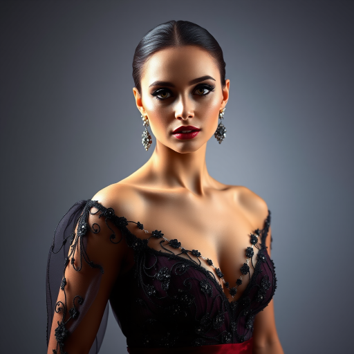 Studio portrait, female model, elegant couture dress, bold makeup, dramatic lighting, Utilize a 50mm portrait lens for crisp details and a soft background blur, 8k