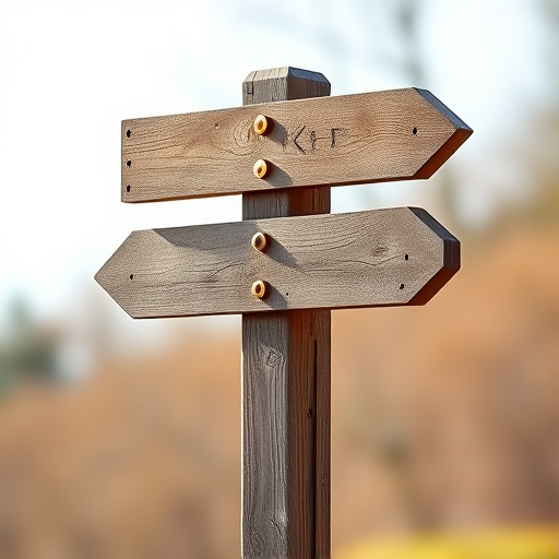 Generate an image of a wooden signpost with two arrows pointing in different directions, designed in a minimalist style, shot with a DSLR camera at f/4 aperture, ISO 200, 50mm lens, natural lighting, and a shallow depth of field.