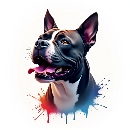 Create a hyper-detailed splash art of an American Bully dog's head on a clean white background. The design should include vibrant color splashes and drips in complementary colors, focusing on the tongue and eyes, expressive features and intricate contours. The dog's expression should be intense, almost roaring, and the overall composition should be different positions, feel fantastic and dynamic, as if a part of a digital fantasy artwork would be rendered in an 8k resolution, inspired by a mix of oil painting techniques and a stylized, epic Instagram aesthetic.