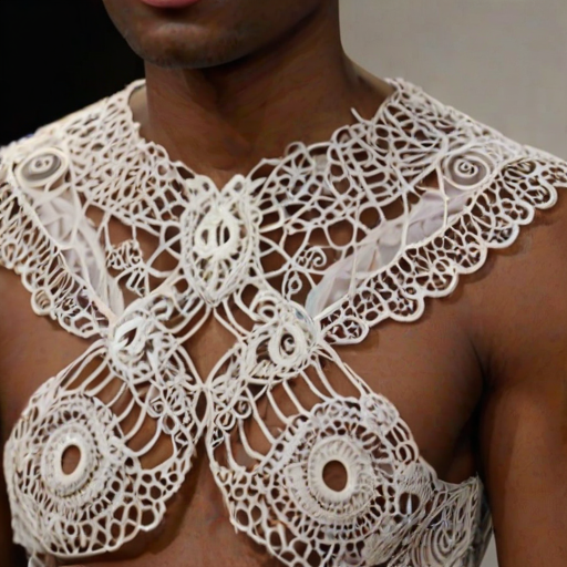 Face, shoulders, chest covered in openwork Creole embroidery. Raw, unedited image.