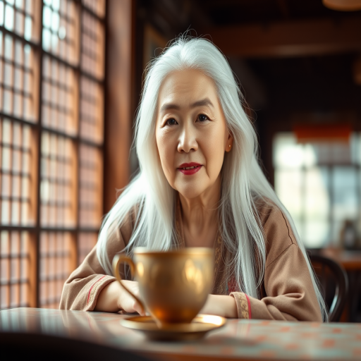 Portrait of an Asian woman with long white hair sitting at a table with an ornate cup, soft natural lighting, shallow depth of field, 85mm lens, f/1.8, ISO 100, Canon EOS R5, warm color tone.