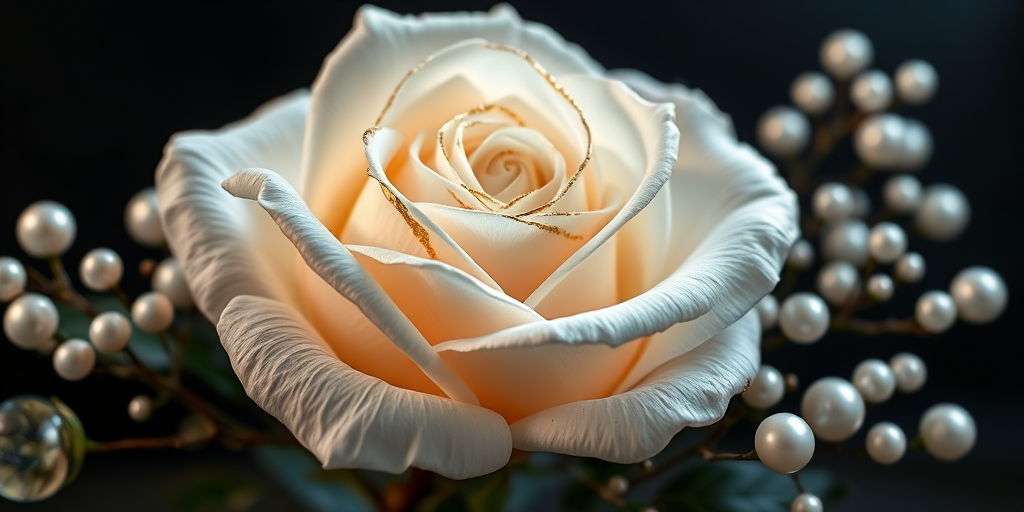 generate a hyper-realistic image of a white rose with golden accents surrounded by delicate foliage and shimmering pearls, using a macro lens with a shallow depth of field, f/2.8 aperture, ISO 100, 50mm focal length, studio lighting, and a dark background to enhance contrast and texture.