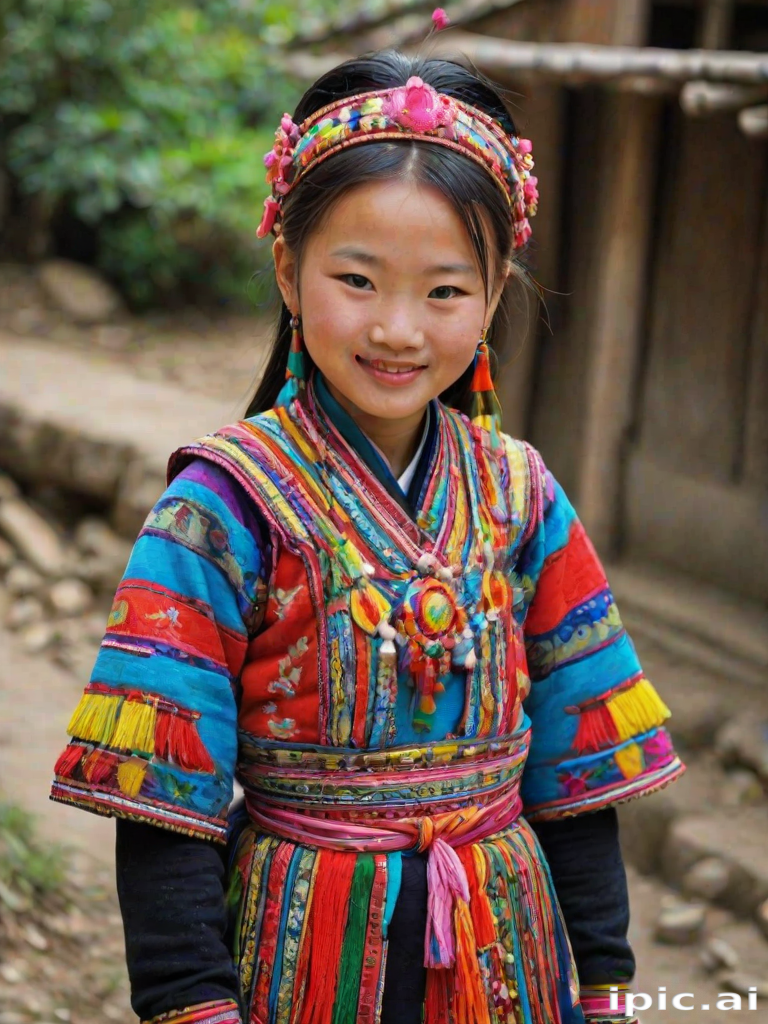 A beautiful Miao girl, wearing colorful bird clothing with vibrant colors