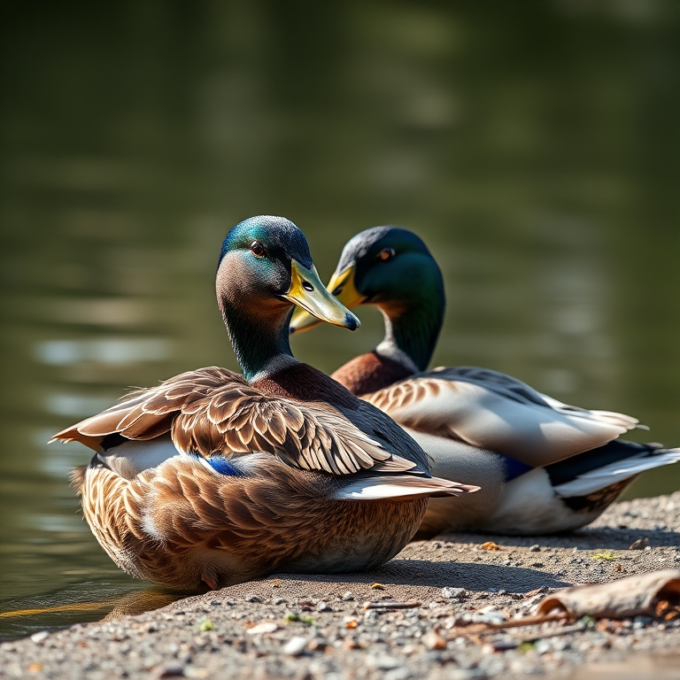 capture two ducks resting by a serene water edge with detailed feather textures and reflections on the water, using a Canon EOS 5D Mark IV, aperture f/4, 1/200 sec shutter speed, ISO 200, in natural light, shallow depth of field, focused on the ducks with a blurred background.