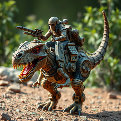 Create a highly detailed steampunk-inspired mechanical dinosaur with a rider equipped with futuristic weaponry, shot with a DSLR camera at f/2.8 aperture, ISO 100, 50mm lens, in natural lighting with a focus on dynamic angles to enhance depth and texture.