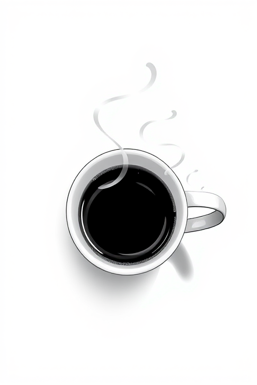 Generate a high-contrast black and white illustration of a minimalist cup with steam rising, captured using a DSLR camera, ISO 200, f/2.8 aperture, 50mm lens, in a top-down view with soft natural lighting to enhance clarity and detail.