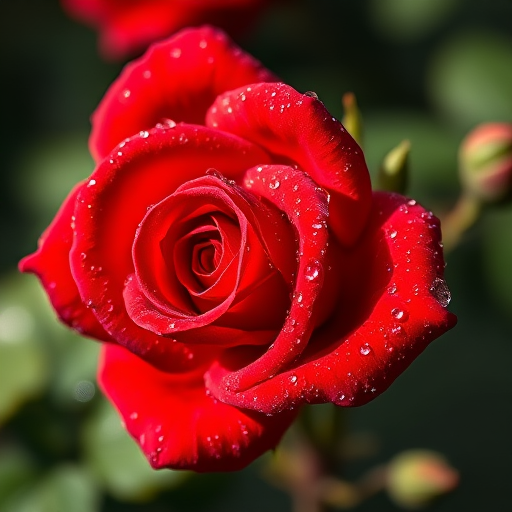 Generate a vivid close-up image of a red rose with dew droplets, shot with a Canon EOS R5, 85mm lens at f/1.8, ISO 100, with soft natural lighting to enhance detail and contrast.