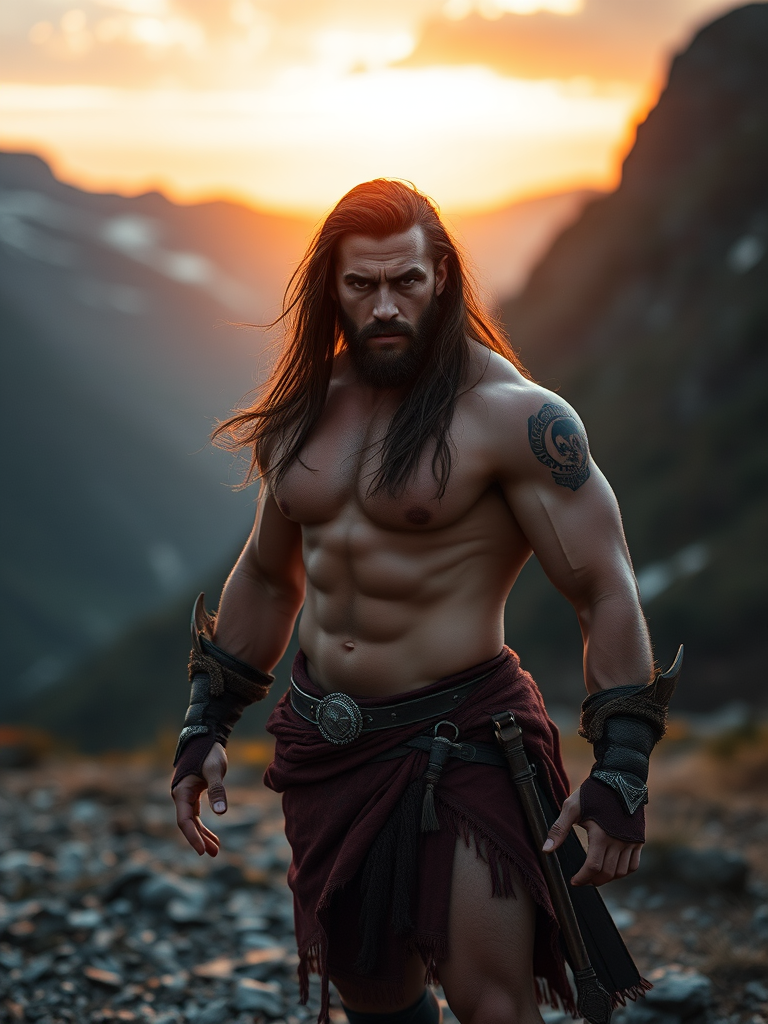 regenerate the image of a muscular warrior with long hair standing in a mountainous landscape during sunrise, using a DSLR camera with a 50mm lens, aperture f/1.8, ISO 100, and a wide-angle view to capture the scenery in high detail.