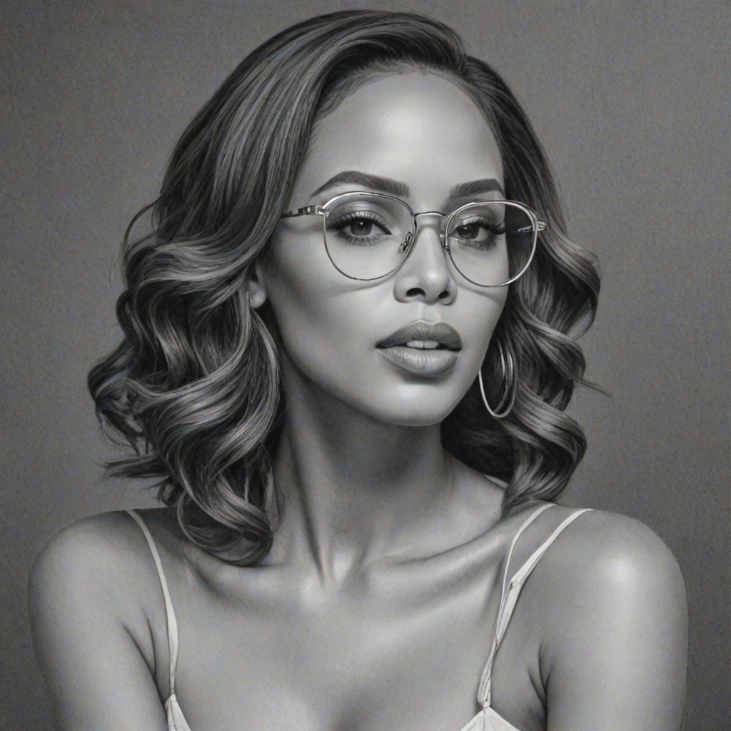 Enticing Erica Mena, pencil sketch, portrait of Stunning woman 1932s in glasses, hair style beatnik, outline, clear lines, fine lines, 8k
