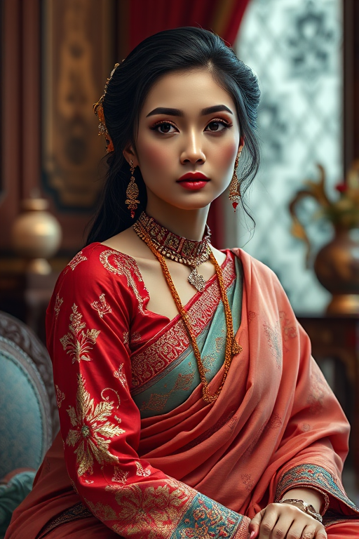 A beautiful Bangladeshi woman in traditional East Asian attire, intricately detailed with embroidered patterns, sitting gracefully in a richly decorated room, soft ambient lighting, serene and elegant, ultra-realistic, 8K resolution