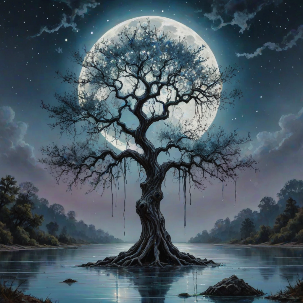 painting of a tree with a full moon in the background and water dripping from its branches, fantasy art, alcohol ink, 3D, 4K, HDRi