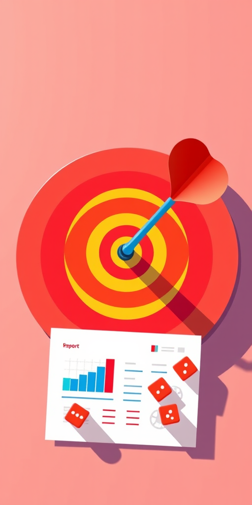 create an illustration of a dart hitting a bullseye with a report showing graphs and dice in a vibrant color scheme, camera settings: f/8, 1/125s, ISO 100, camera view: overhead shot, camera style: minimalistic flat design, camera type: digital illustration