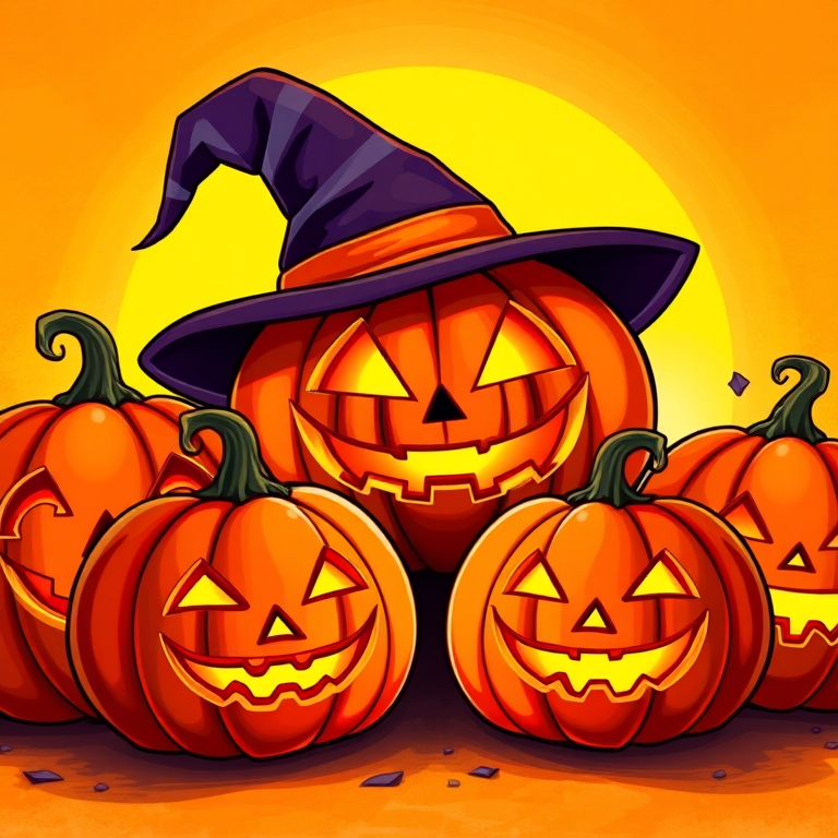 Create a vibrant illustration of five carved Halloween pumpkins with glowing faces, including a larger pumpkin wearing a witch hat, set against a bright, colorful background; use a digital art style with high contrast and clarity, simulating a DSLR camera with an aperture of f/2.8, ISO 100, focal length of 50mm, and a slight vignette effect for depth.
