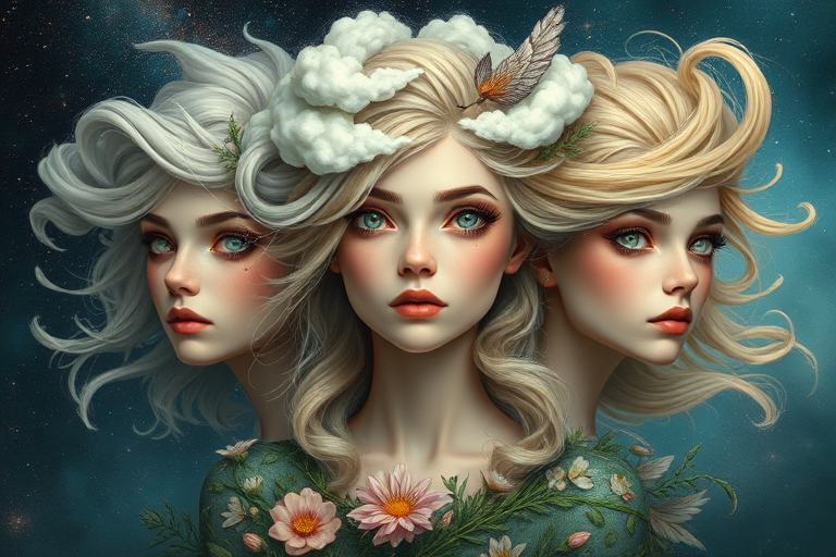 Create a series of imaginative portraits where each subject is infused with elements of fantasy and nature. The hair of the individuals should flow like clouds, varying from soft, fluffy cumulus to wispy cirrus strands, with hints of color reflecting a sunset or a clear blue sky. The eyes should be windows to entire galaxies, with stars, nebulae, and distant planets visible within them. Clothing should be adorned with nature motifs, such as floral patterns that bloom and change, vines that seem to grow and wrap around, or feathers that shimmer with iridescence. Each portrait should capture a unique personality, blending human features with the ethereal beauty of the natural and cosmic world. The backgrounds can vary, from starry night skies to enchanted forests, adding depth and context to the magical realism of the portraits