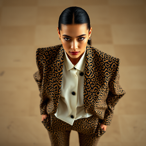 Capture the model from a high angle, emphasizing the outfit’s pattern and silhouette. Use a 35mm prime lens to maintain sharpness and minimize distortion