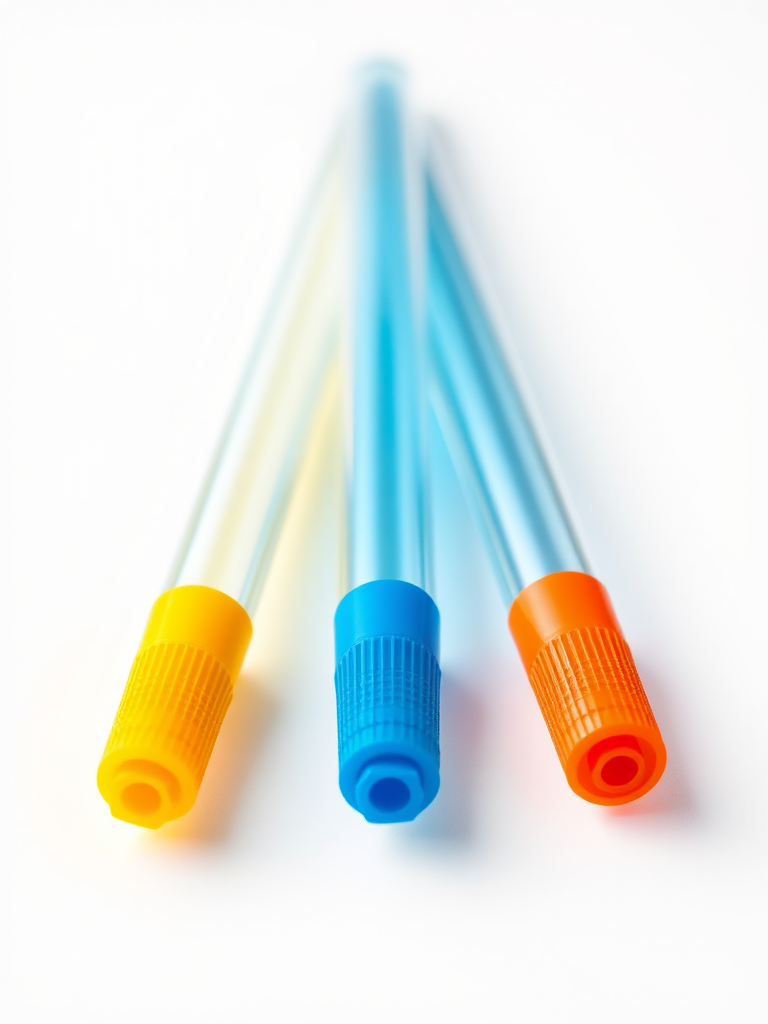 Create a high-resolution digital illustration of three different pipettes with colored tips (yellow, blue, and orange) placed on a clean, white background, using a macro lens with f/2.8 aperture, ISO 100, and a shutter speed of 1/200 sec to enhance clarity and detail.