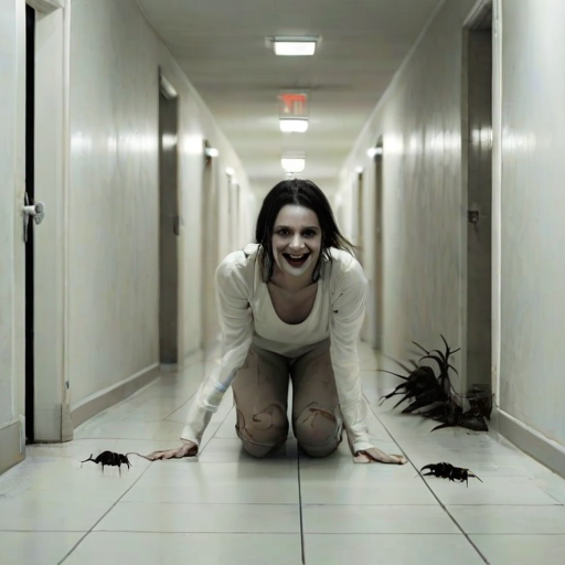 a crooked woman with long arms and a creepy smile is crawling along a long white corridor and you can also see cockroaches in it there is a creepy atmosphere creepy art style