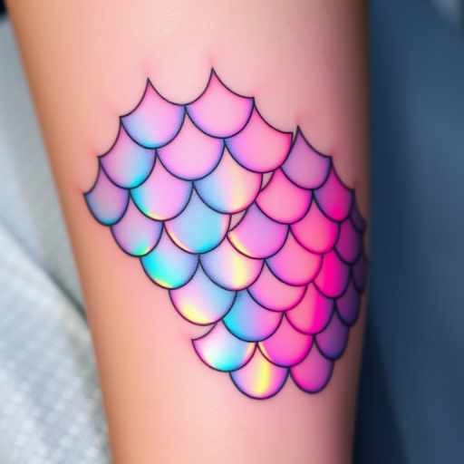 Iridescent holographic tattoo titled "Prismatic Scales" featuring a pattern of overlapping fish scales that appear to shimmer and change color as light hits them from different angles, creating a mesmerizing effect that mimics the natural iridescence found in nature, with subtle gradients and fine linework enhancing the illusion of depth and movement