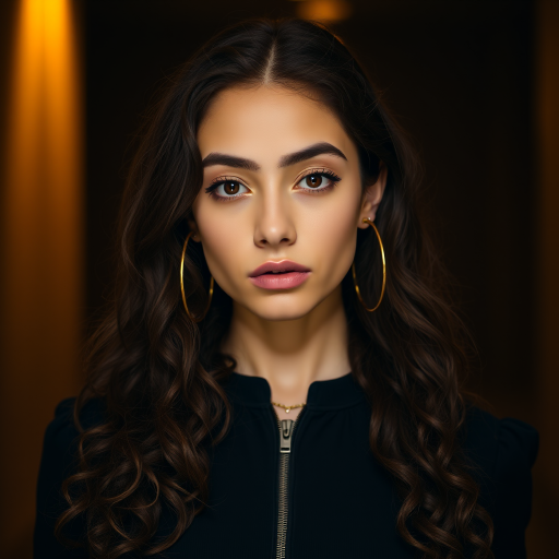 A young woman with long, curly brown hair is looking directly at the viewer. She is wearing a black top with a zipper down the front. The setting is a dimly lit interior space, with a warm, golden light emanating from the background. Her expression is neutral, with a hint of seriousness. The image is a close-up portrait with a shallow depth of field, focusing on the woman's face and torso. The background is blurred, creating a soft and intimate atmosphere.  She is wearing large gold hoop earrings, and a small gold chain is visible around her neck.  Her makeup is natural and simple, highlighting her brown eyes. The lighting creates subtle shadows that accentuate her features.  Her skin is smooth and glows in the soft light. The composition is balanced, with the woman's face positioned in the center of the frame.  The image is focused on capturing her beauty and confidence.