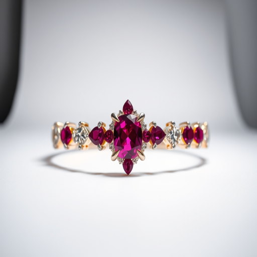 Capture a high-resolution image of a diamond and ruby bracelet on a white background, using a DSLR camera with a 50mm lens, aperture at f/2.8, ISO 100, and a shutter speed of 1/125s, in a well-lit studio setup with softbox lighting for even illumination.
