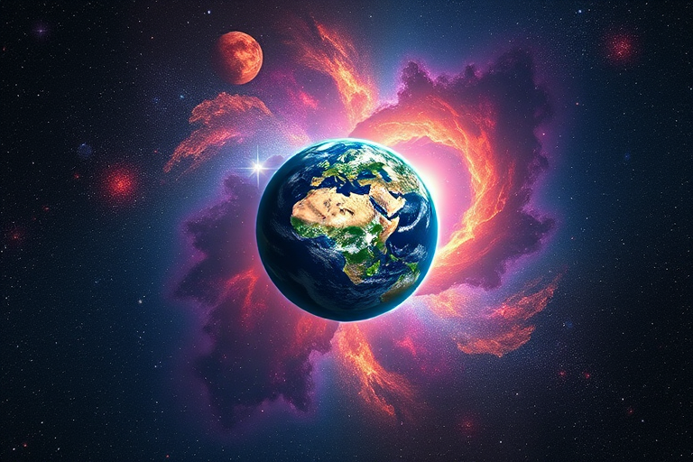 Generate a cosmic scene featuring Earth at the center, surrounded by vibrant nebulae and stars, with a high dynamic range, 50mm lens, f/8 aperture, ISO 100, using a DSLR camera for enhanced clarity and detail.