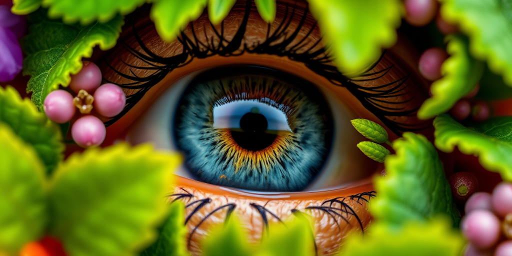 Close-up of an intricately detailed eye surrounded by vibrant green leaves and floral elements, using a 50mm lens, aperture f/1.8, ISO 100, shutter speed 1/200s, macro photography style, DSLR camera, natural lighting for enhanced color depth and sharpness.