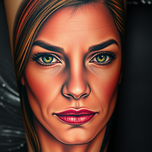 Photorealistic color portrait tattoo called "Timeless Gaze" capturing every nuance of facial features with lifelike shading and vivid hues to create a stunning three-dimensional effect