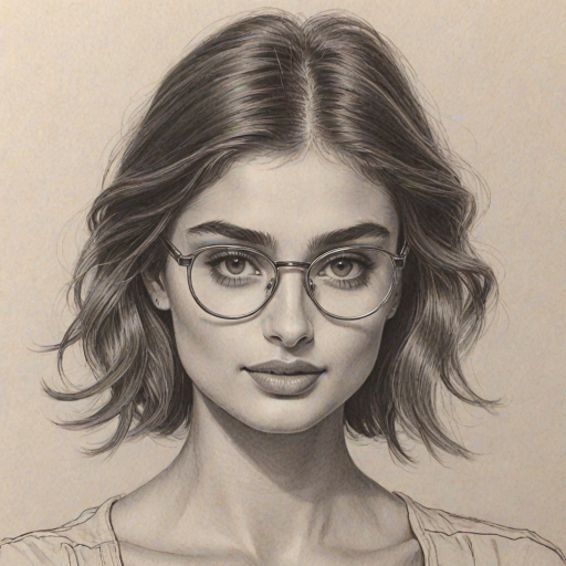 Pleasing Taylor Hill, pencil sketch, portrait of Fascinating woman 1974s in glasses, hair style beatnik, outline, clear lines, fine lines, 8k