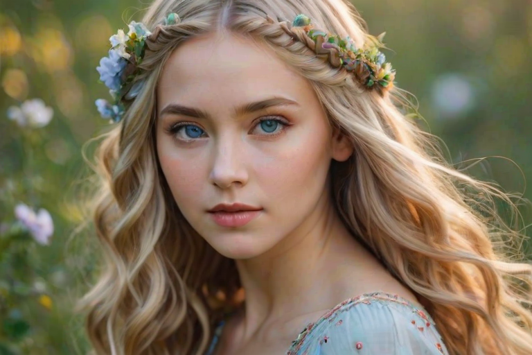 Create an image of a young Eurasian woman with long, wavy blonde hair, adorned with small, colorful flowers woven into her braids and loose strands. Her complexion is fair, with soft, glowing skin, and she has light blue eyes that gaze softly at the viewer. She wears a light, flowing dress with a gentle, ethereal quality, complementing her delicate and serene appearance. The background is slightly blurred, drawing focus to her tranquil expression and the intricate details of the flowers in her hair. The overall mood of the image is one of natural beauty and grace, evoking a sense of peacefulness and connection with nature.